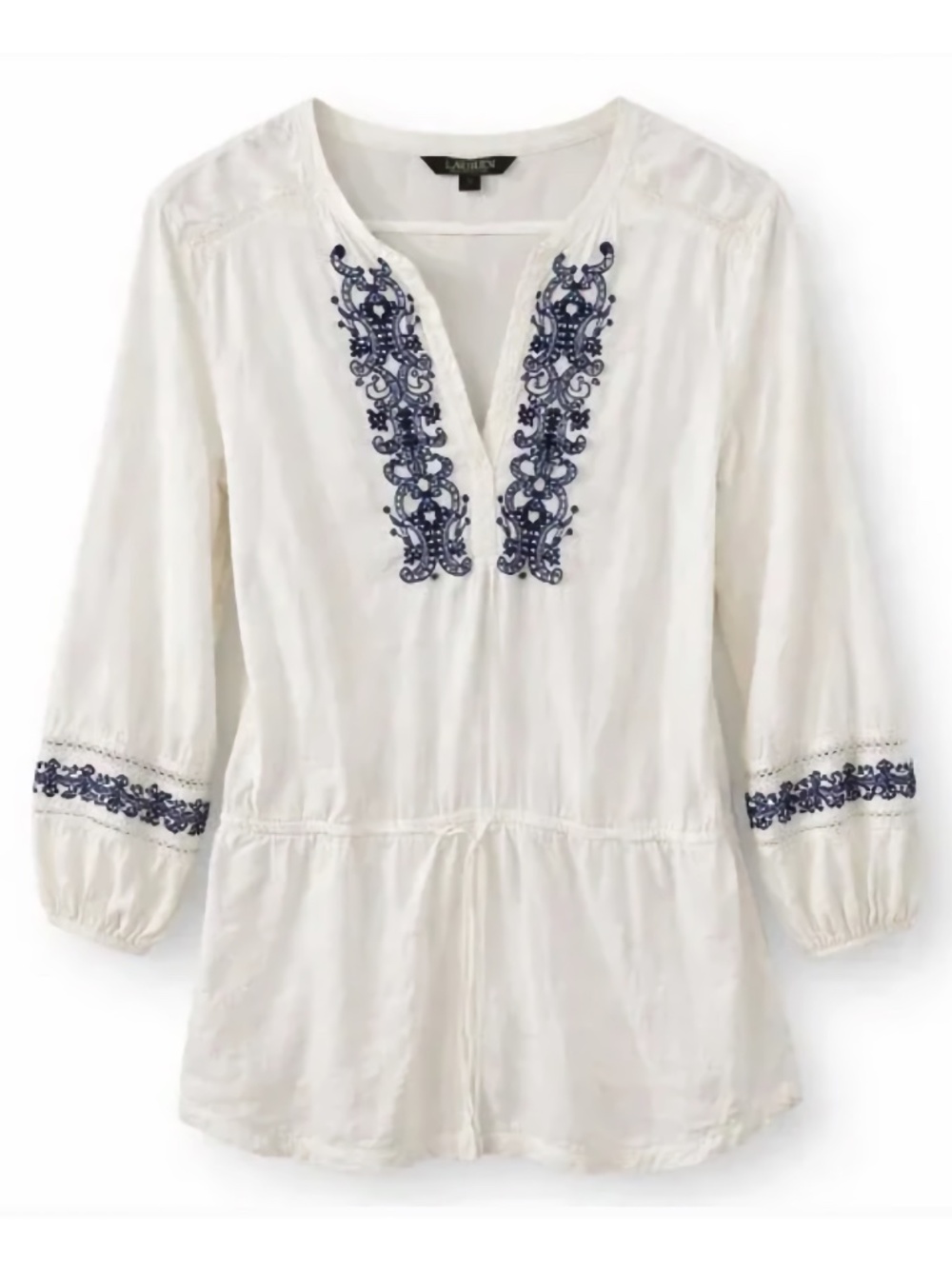 Lauren Ralph Lauren Embroidered Tunic Top Boho White Petite L